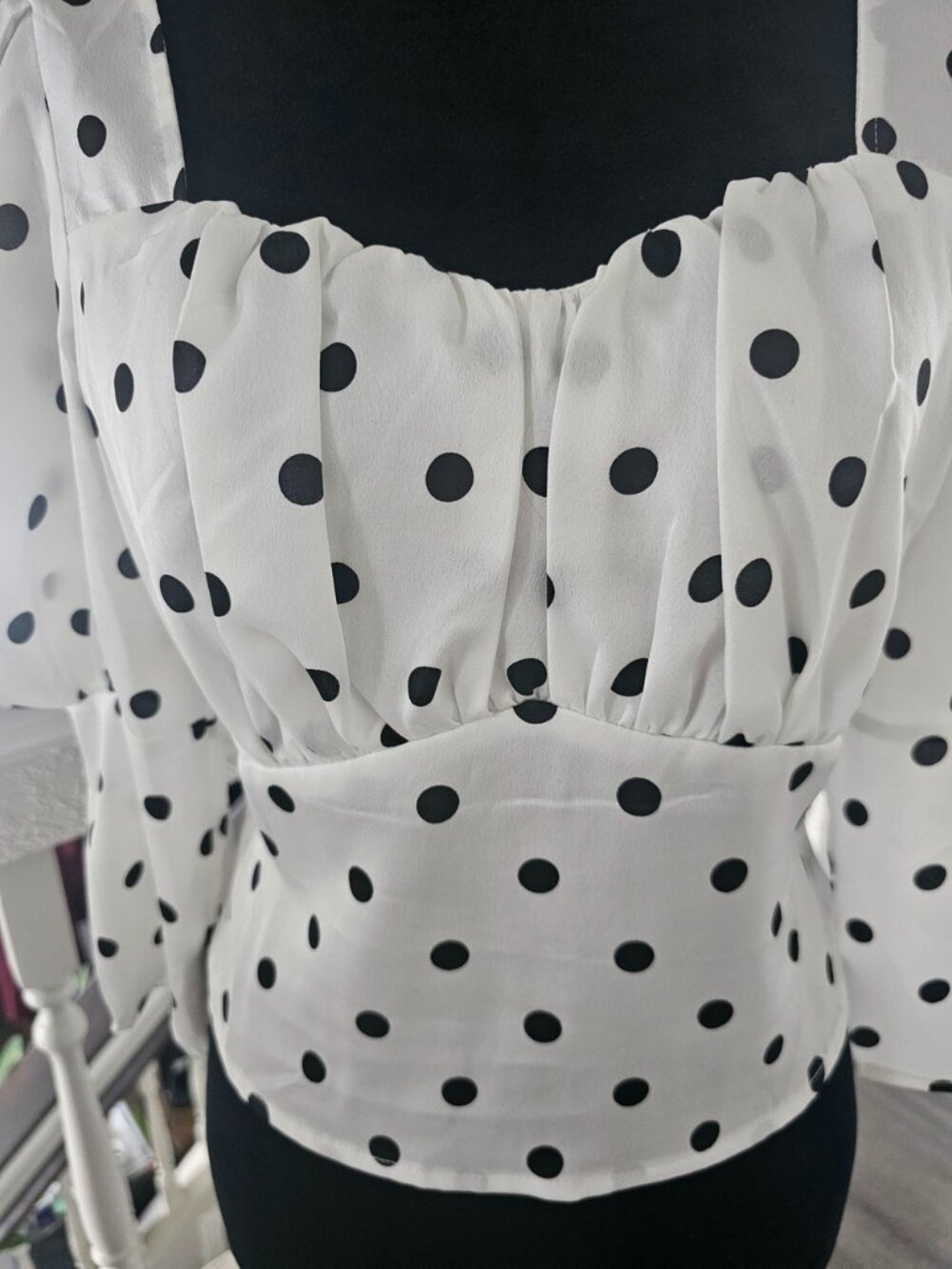 Size S Polka Dot Puff Sleeve Square Neck Blouse - White/Black. - Picture 2 of 10